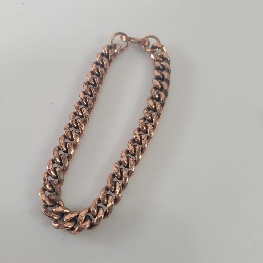 Vintage Solid Copper Curb Link Bracelet 8.5 Inch Unisex Chunky Cuban Chain Boho